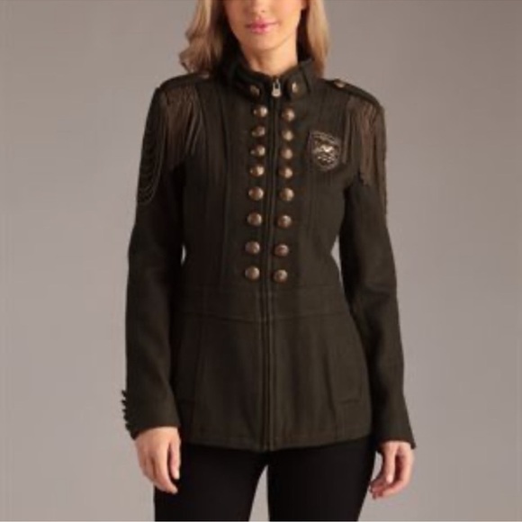 RARE ED HARDY WOOL BLEND MILITARY STEAMPUNK COAT NAVY XS EUC CHAIN EPAULETS - Picture 1 of 15